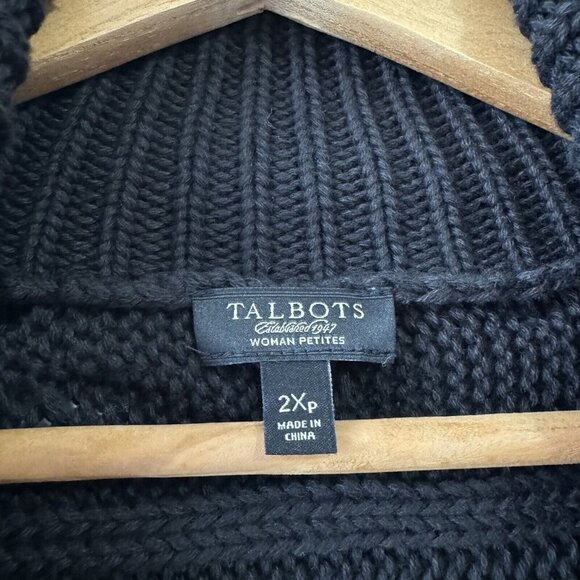 TALBOTS Woman Petite 2X Cable Knit Cowl Neck Sweater Snap Button Black Cotton - Picture 4 of 14